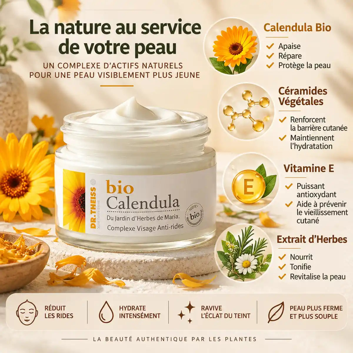 Complexe anti-rides Dr Theiss avec calendula bio, céramides et vitamine E, ingrédients naturels