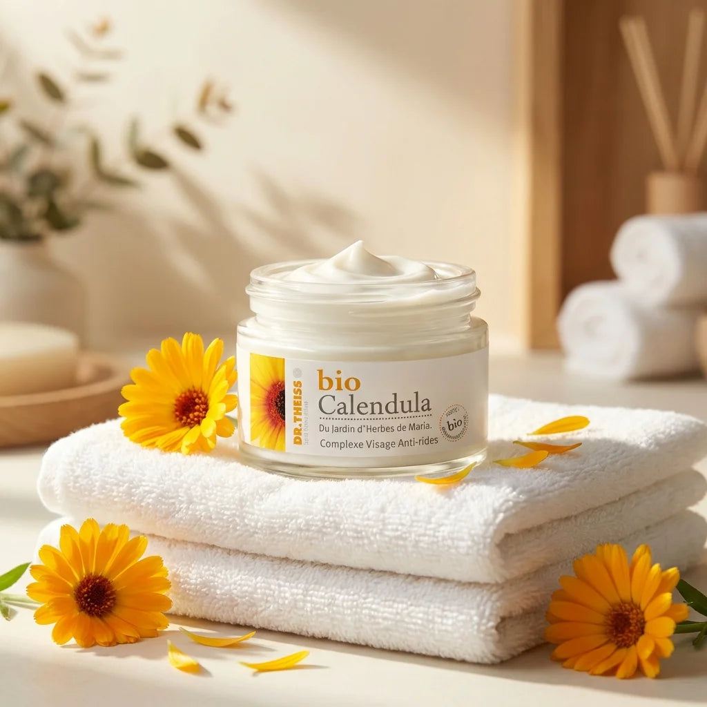 Complexe Visage Anti-Rides Calendula Bio Dr Theiss en pot verre avec fleurs fraîches et serviettes blanches