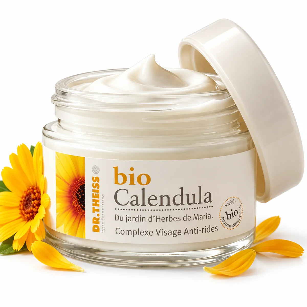Crème visage anti-rides Calendula Bio Dr Theiss en pot ouvert avec pétales de calendula frais