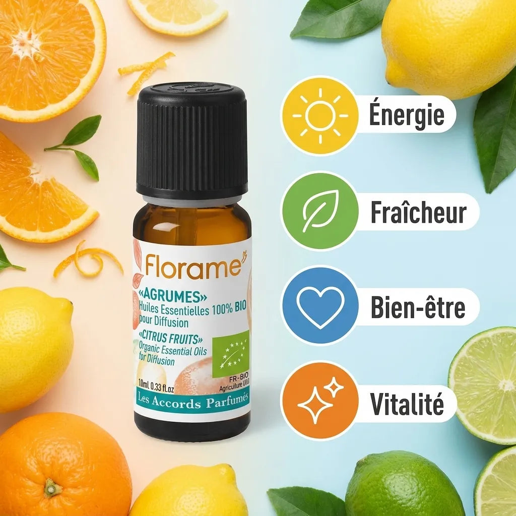Florame Composition Agrumes Bio 10ml - Flacon avec infographie bénéfices énergie et fraîcheur