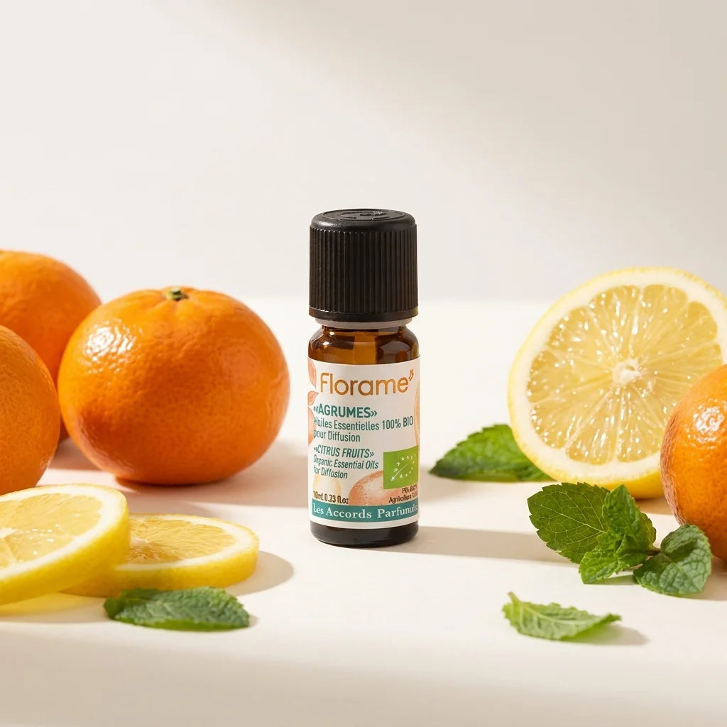 Flacon Florame Agrumes Bio 10ml entouré d'agrumes frais et menthe sur fond blanc