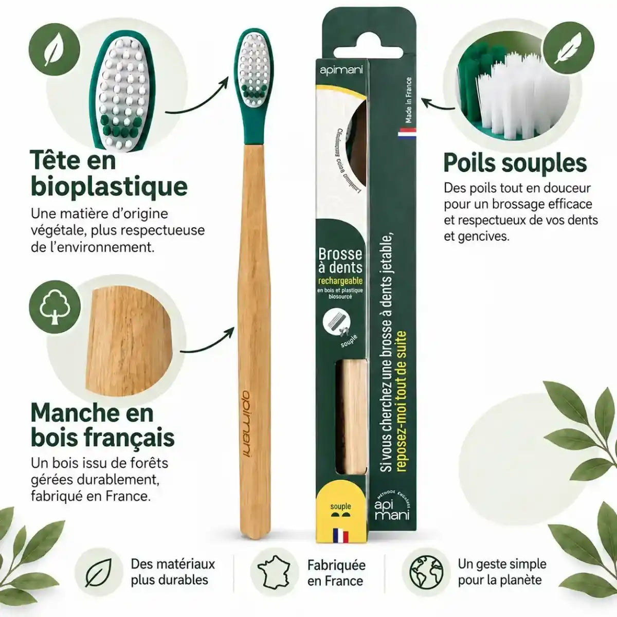 Compotision de la brosse à dent en bois à tête rechargeable souple de l marque apimani