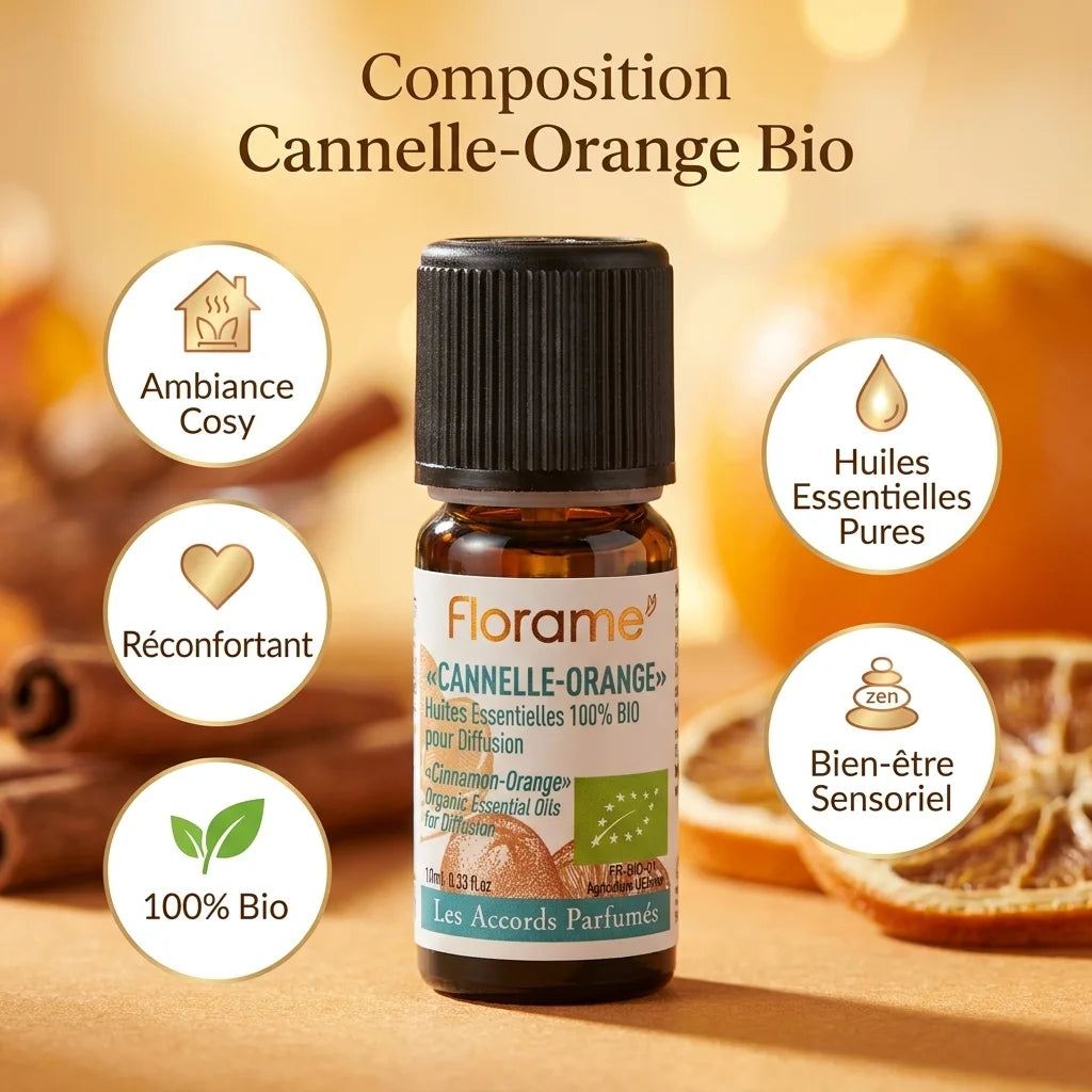 Florame huile essentielle Cannelle-Orange bio 10ml avec infographie avantages bien-être
