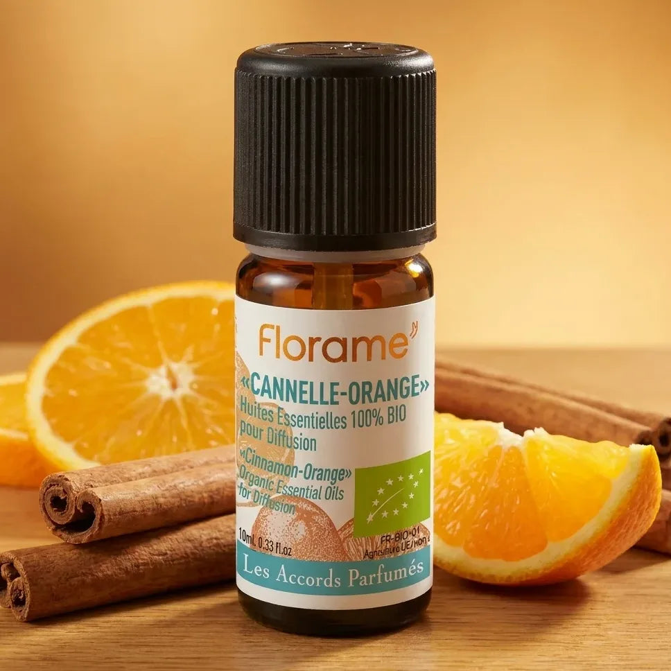 Flacon huile essentielle Cannelle-Orange bio Florame 10ml avec bâtons cannelle et tranches orange