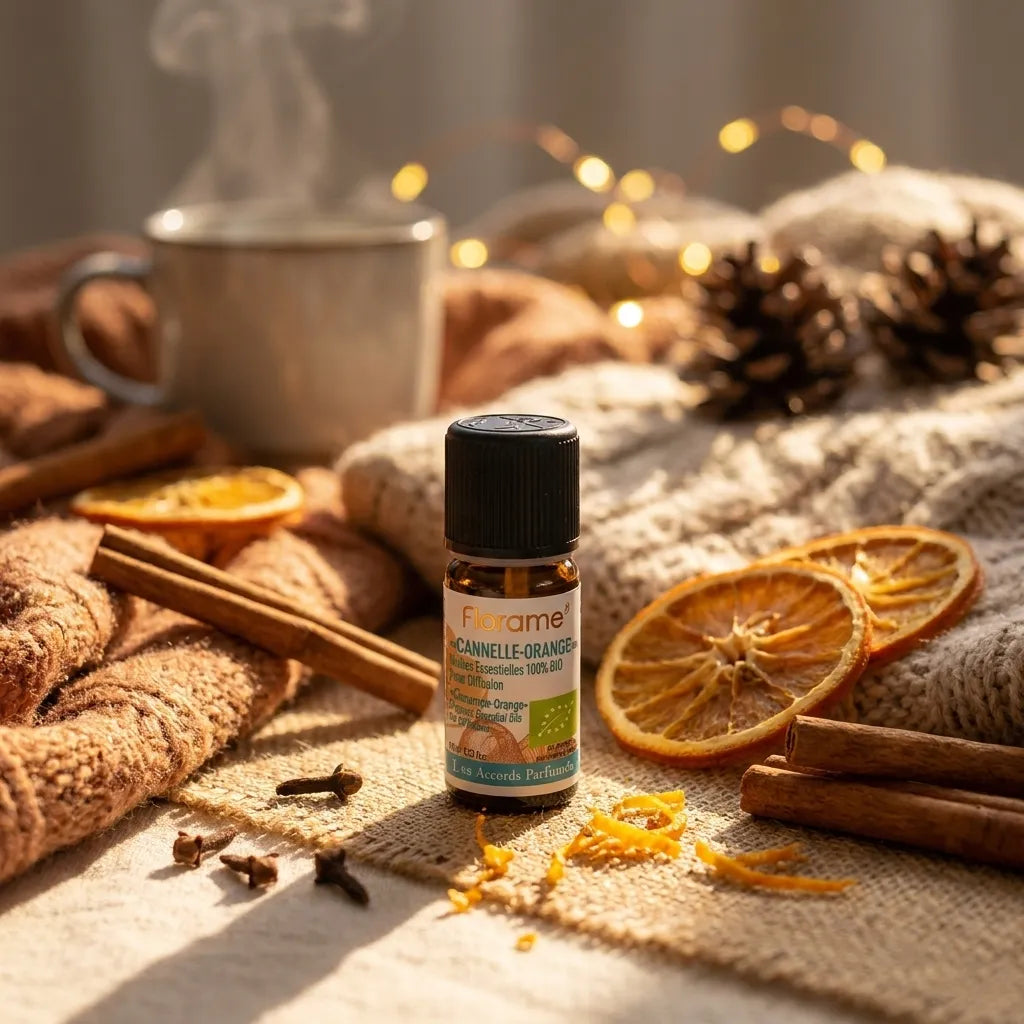 Flacon 10ml Florame Composition Cannelle-Orange Bio avec bâtons de cannelle et tranches d'orange frais