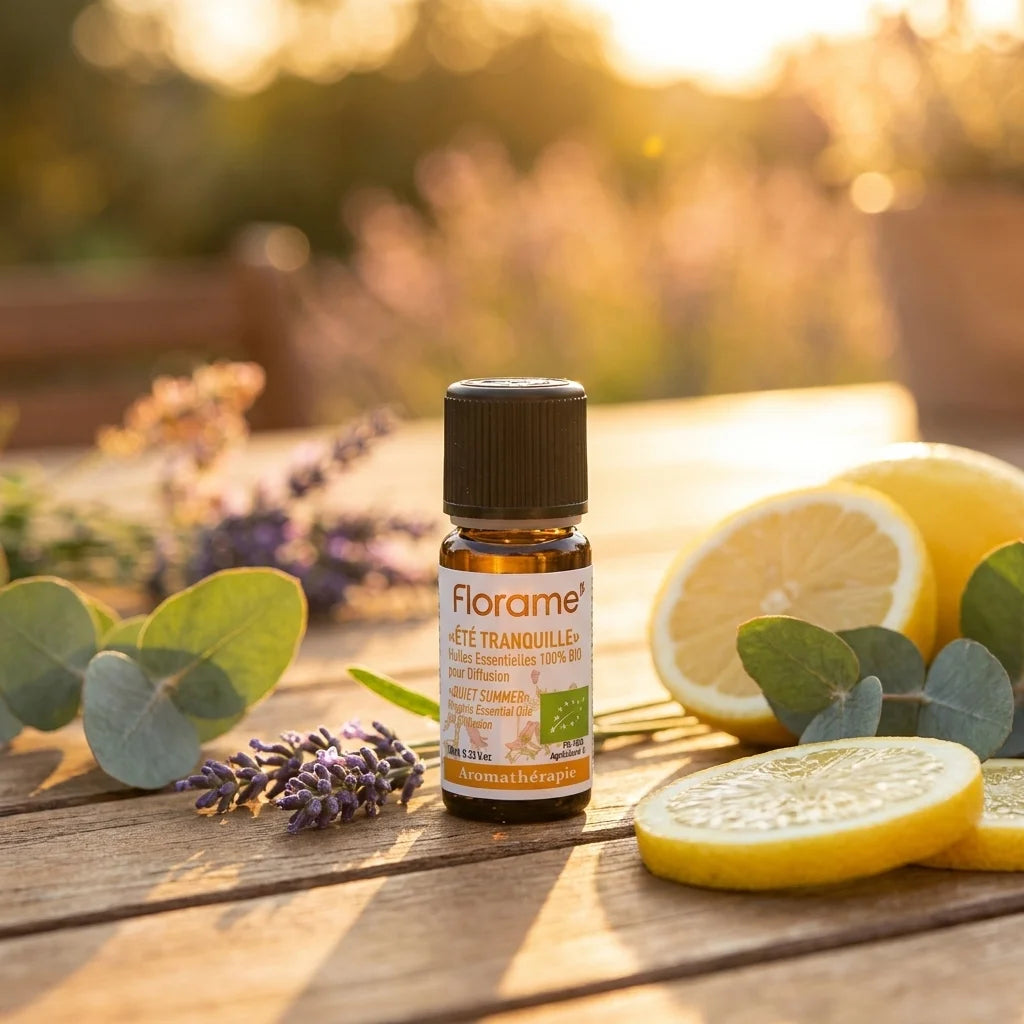 Flacon Été Tranquille Citronnelle Bio Florame 10ml avec citrons et lavande