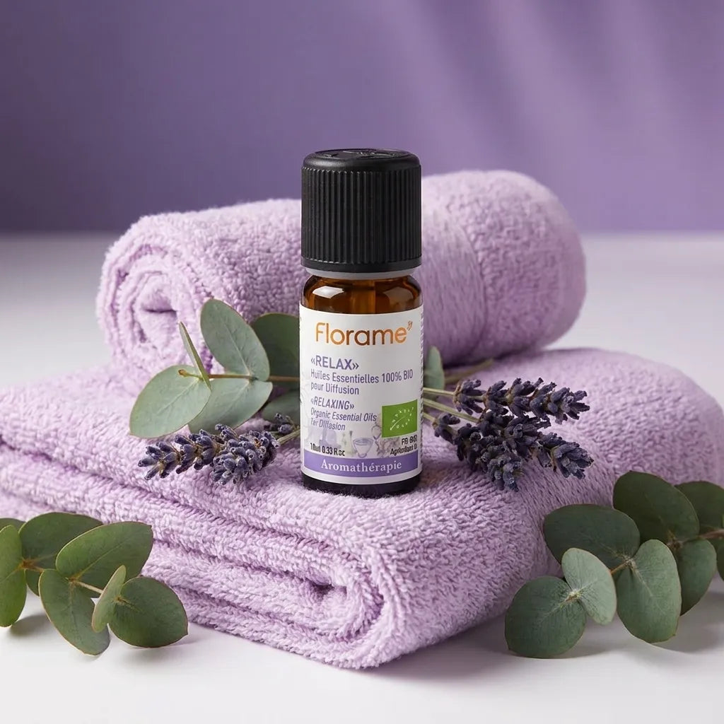 Flacon Florame Relax Bio 10ml huile essentielle ambiance spa relaxante lavande