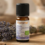 Flacon huile essentielle Florame Relax Bio 10ml avec lavande et bois, ambiance spa