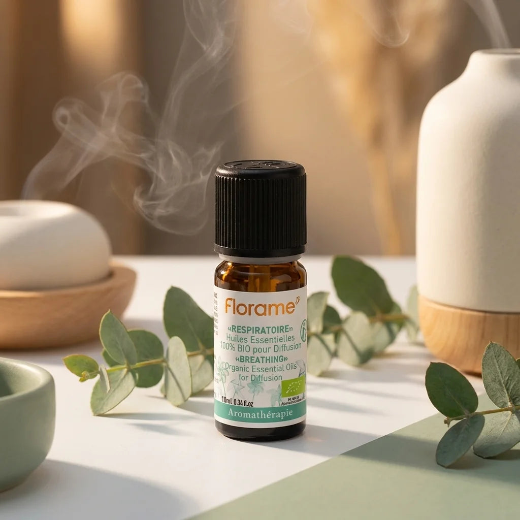 Flacon Composition Respiratoire Bio Florame 10ml avec eucalyptus, diffuseur aromathérapie naturelle bio