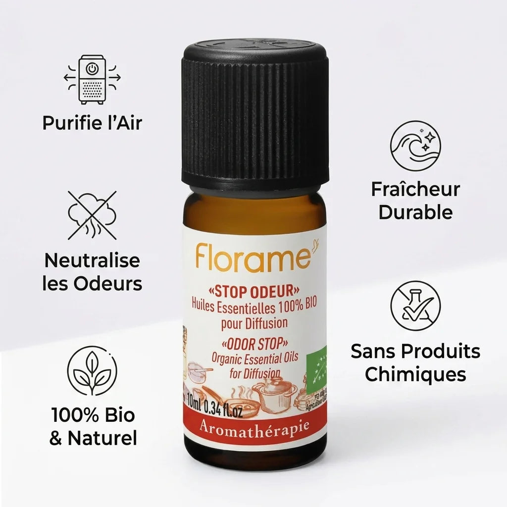 Florame Stop Odeur Bio 10ml - flacon d'huile essentielle naturelle avec bénéfices purifiant et anti-odeurs