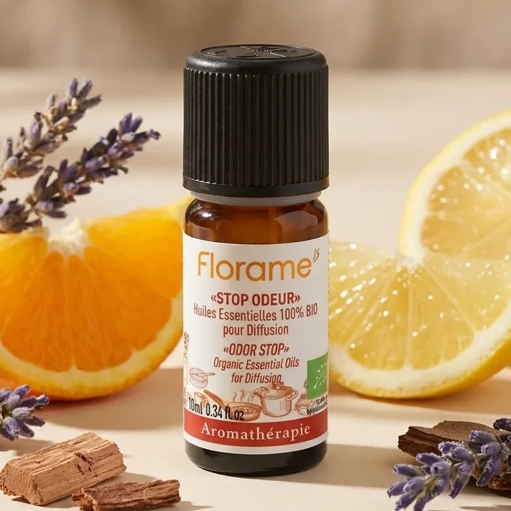 Florame Stop Odeur Bio 10ml flacon verre ambré avec ingrédients naturels citron lavande cèdre