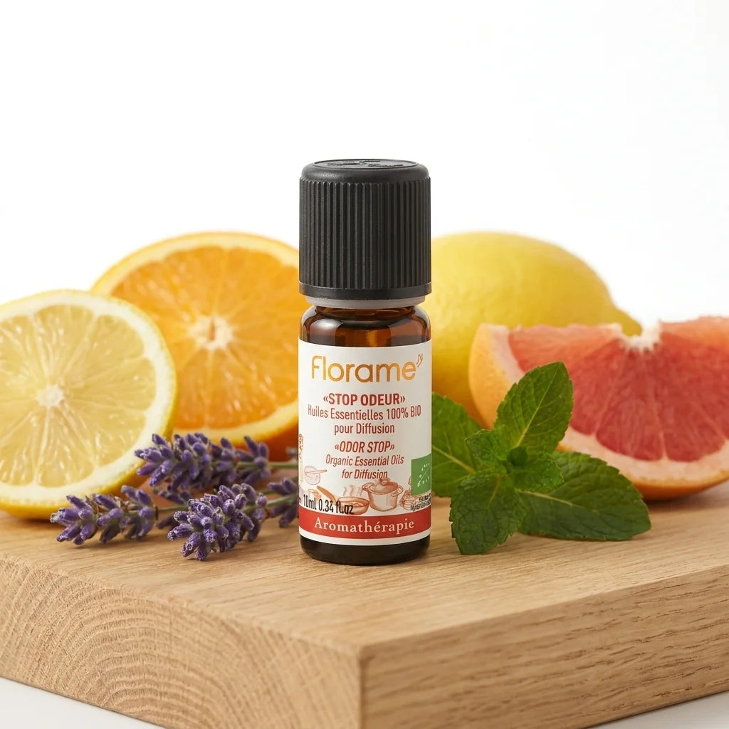 Flacon Florame Stop Odeur Bio 10ml avec lavande et menthe sur surface en bois
