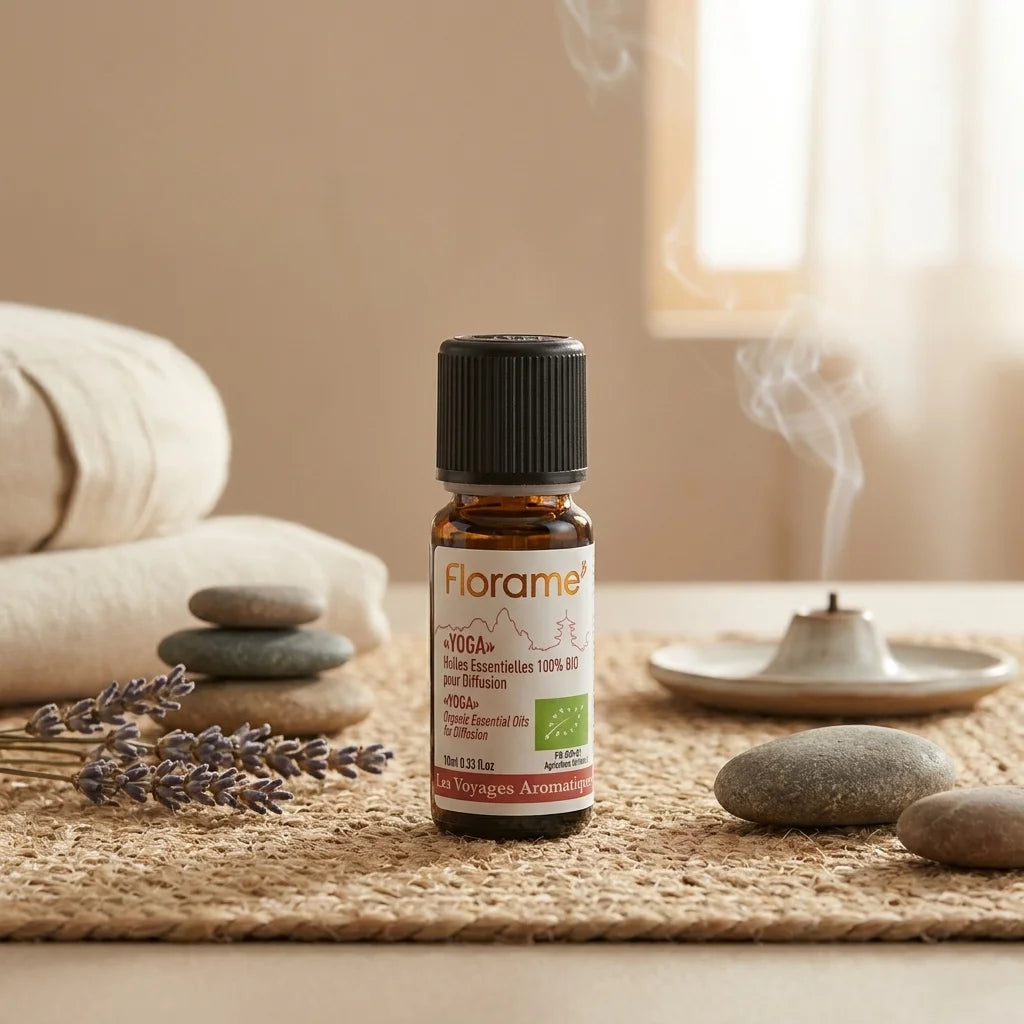 Florame Yoga Bio 10ml - Huile essentielle sur tapis de yoga avec pierres et lavande