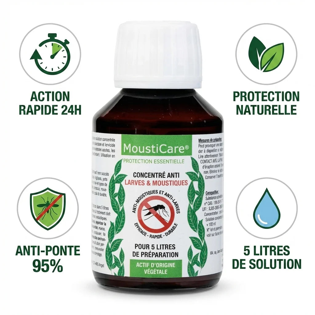 Mousticare Concentré Anti-Larves 100ml avec bénéfices : action rapide, protection naturelle, anti-ponte 95%