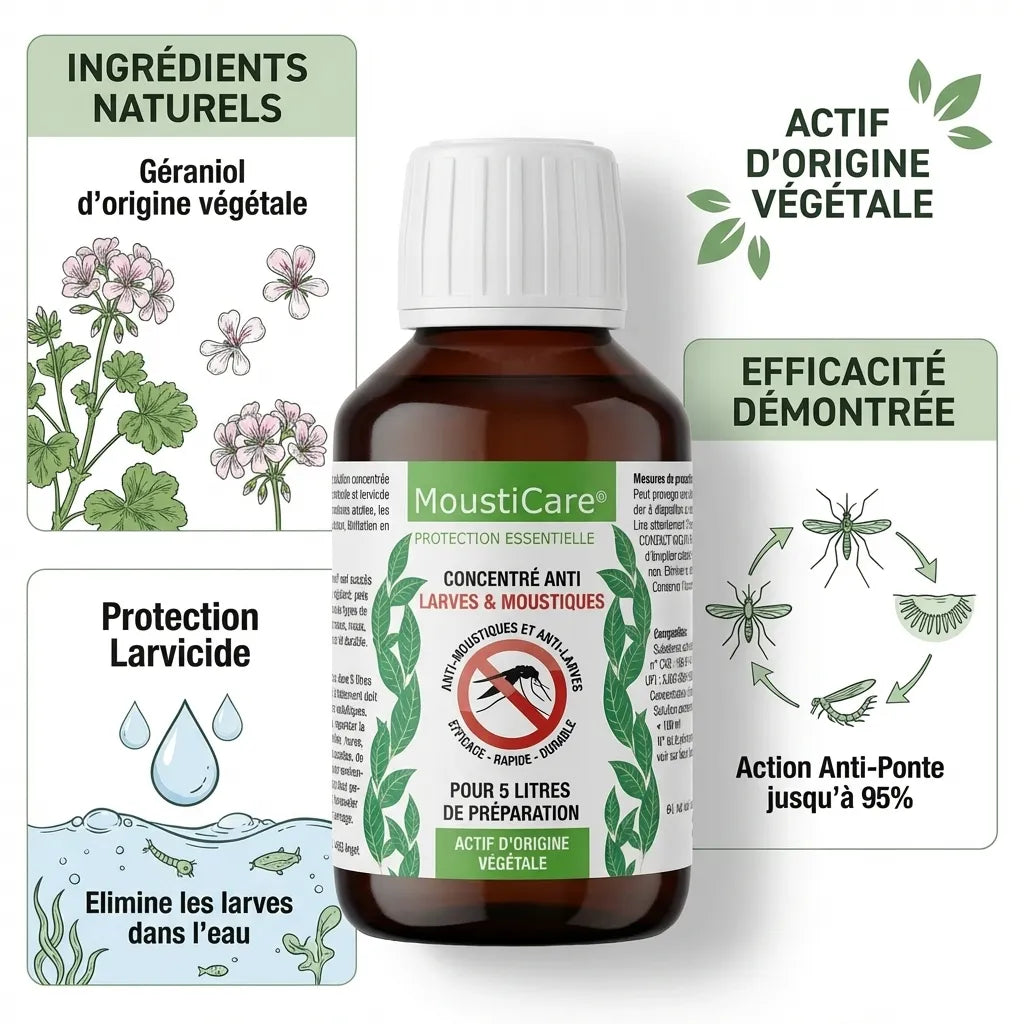 Mousticare concentré anti-larves 100 ml avec ingrédients naturels et efficacité larvicide démontrée
