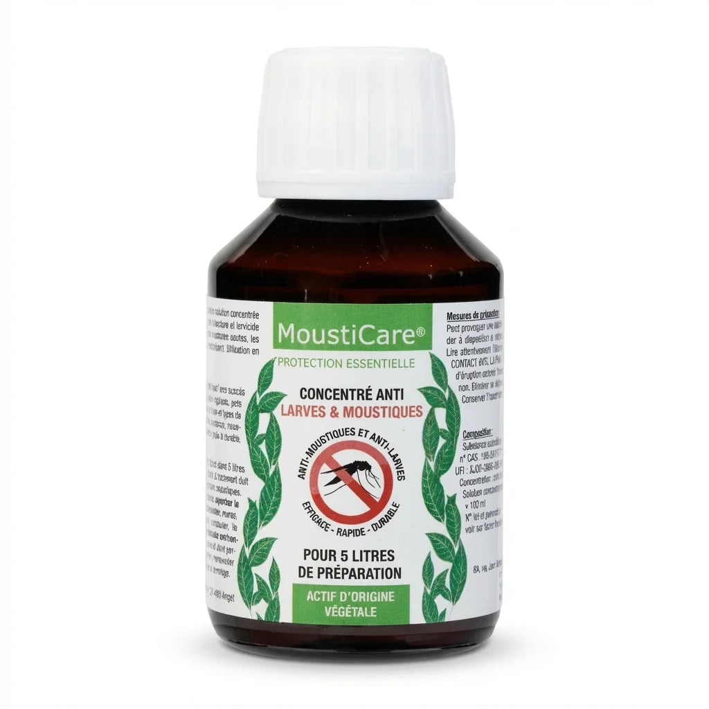 Concentré anti-larves moustiques Mousticare 100ml flacon verre ambré bouchon blanc