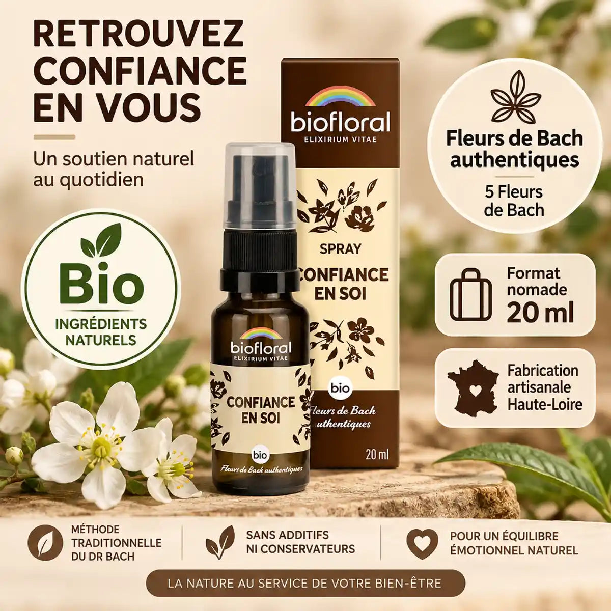 Spray Confiance en soi Biofloral 20ml Fleurs de Bach bio authentiques
