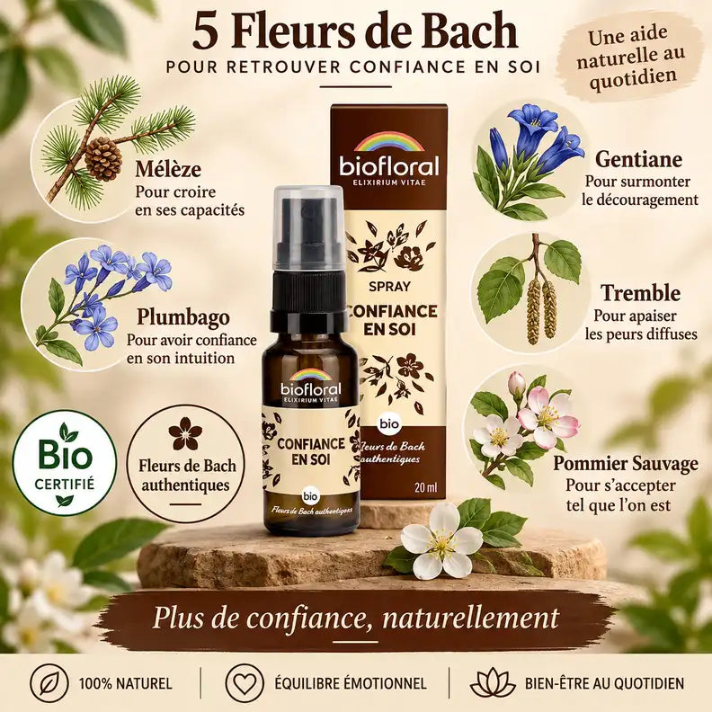 Spray Confiance en soi Biofloral 20ml avec fleurs de Bach - Mélèze, Cerato, Gentiane, Tremble, Crab Apple