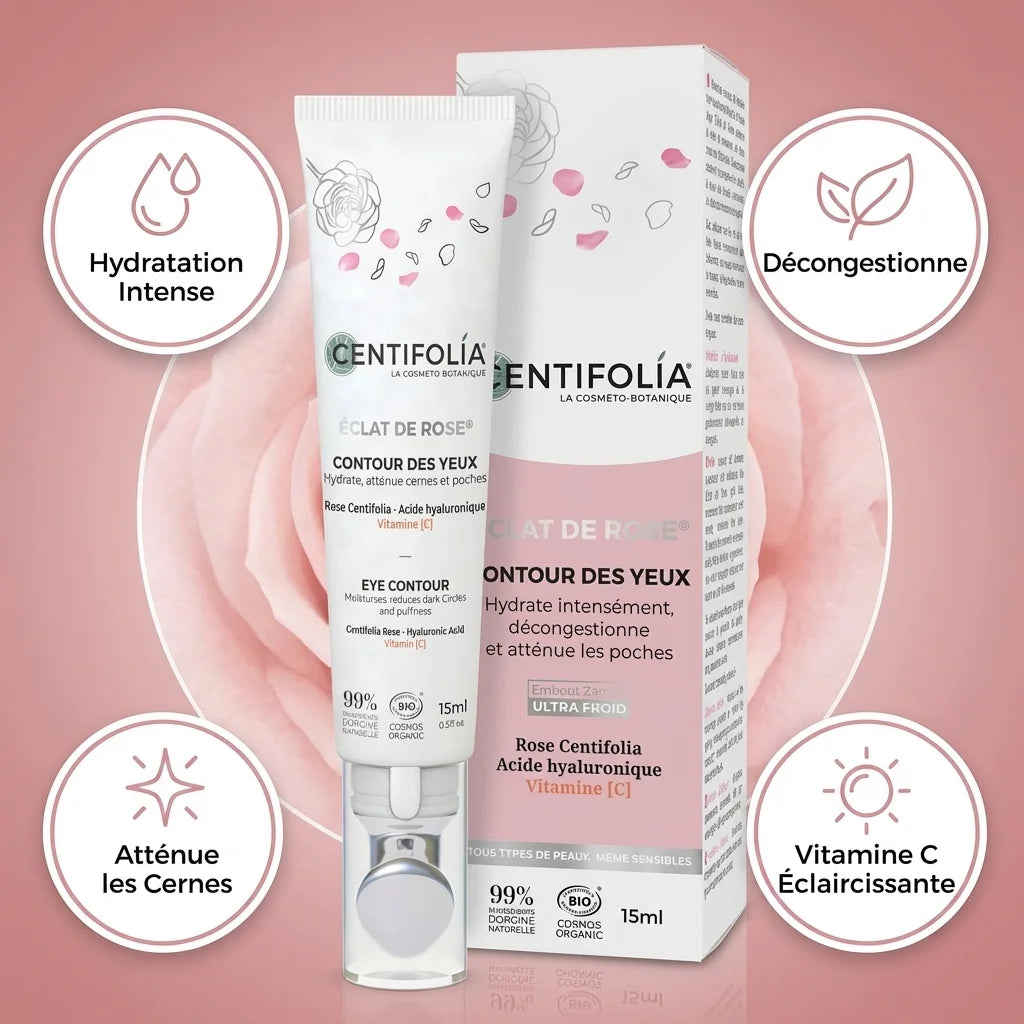 Contour des yeux Centifolia rose anti-poches et cernes avec icônes bénéfices hydratation vitamine C