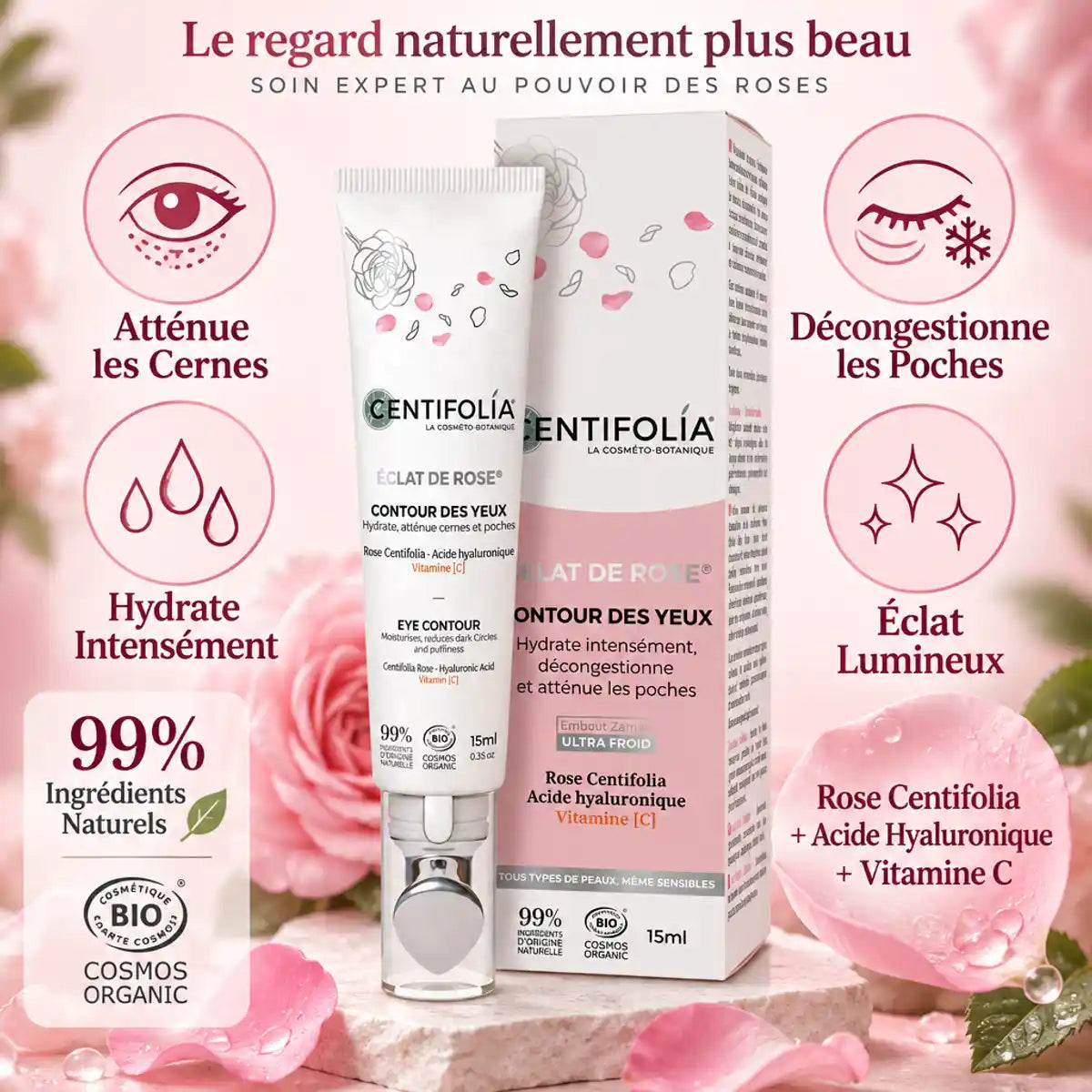 Contour des yeux Éclat de Rose Centifolia anti-poches et cernes avec applicateur froid