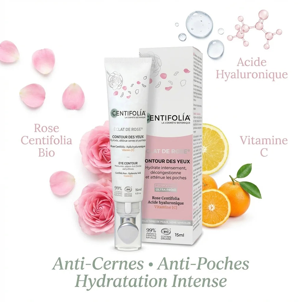 Contour des yeux Éclat de Rose Centifolia anti-cernes anti-poches avec Rose, Acide Hyaluronique et Vitamine C