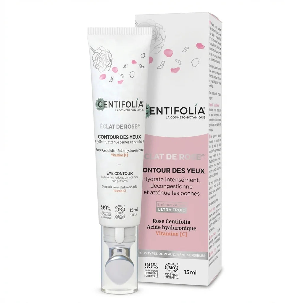 Contour des yeux Éclat de Rose Centifolia, tube blanc avec pompe et boîte rose, fond blanc