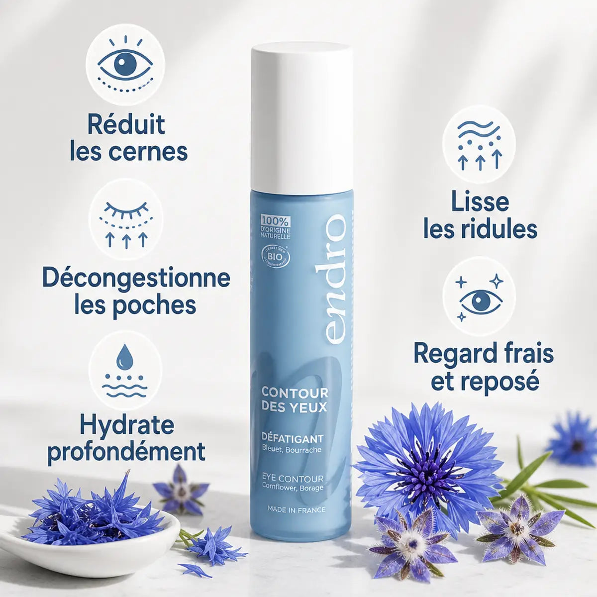 Contour des yeux roll-on Endro 10ml avec bénéfices : réduit cernes, décongestionne poches, hydrate