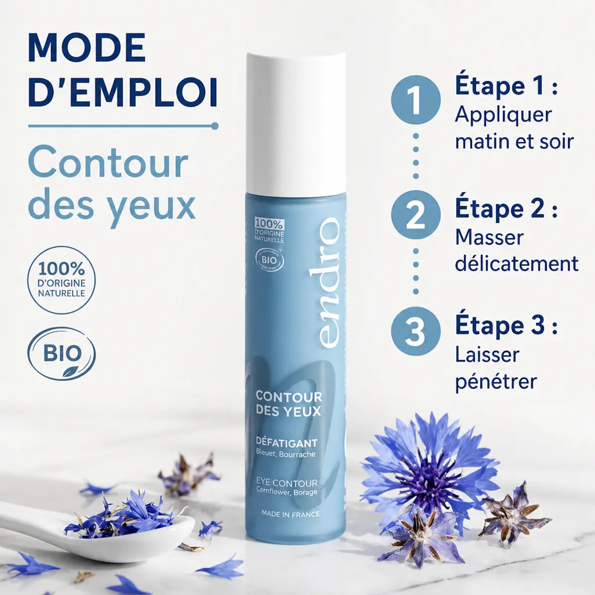 Contour des yeux roll-on Endro 10ml avec guide d'application en 3 étapes sur surface marbre