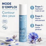 Contour des yeux roll-on Endro 10ml avec guide d'application en 3 étapes sur surface marbre