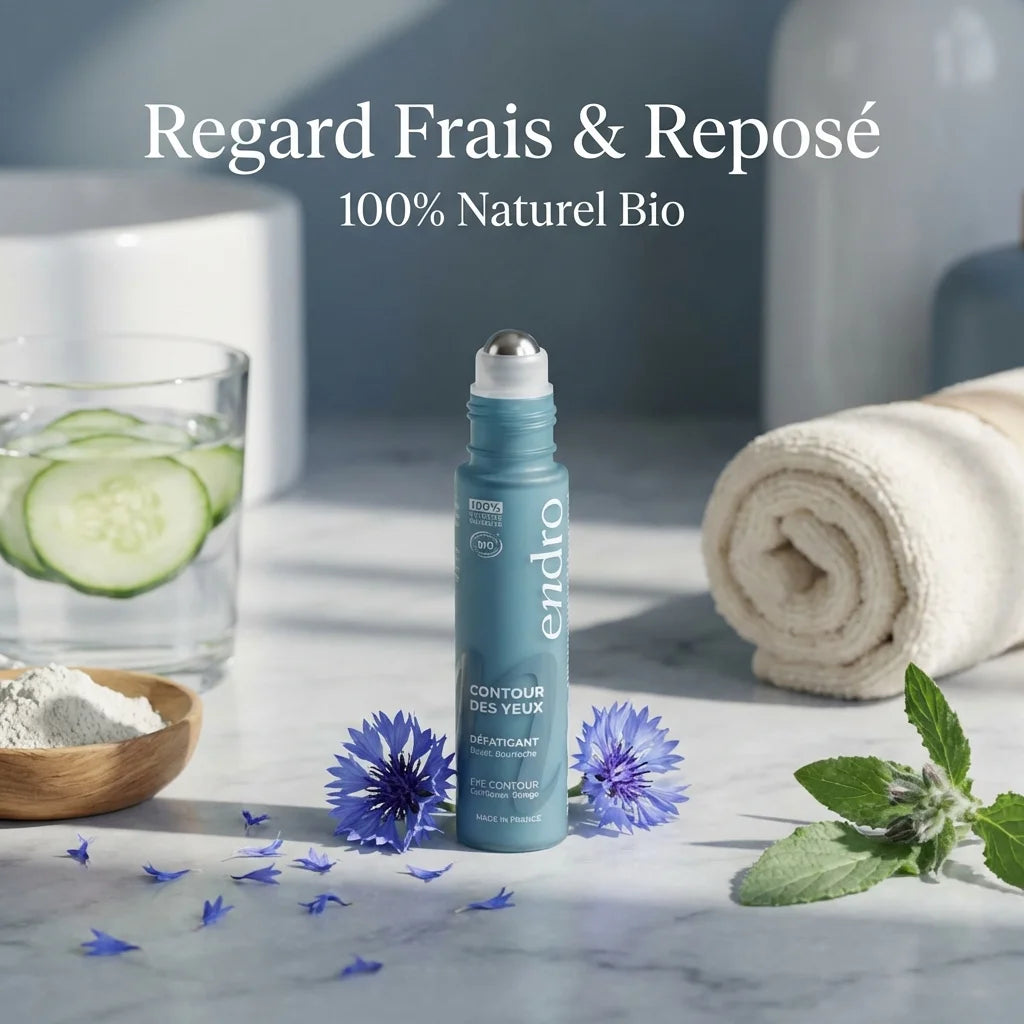 Endro contour des yeux roll-on 10ml, packaging teal bio naturel sur surface marbre avec botaniques