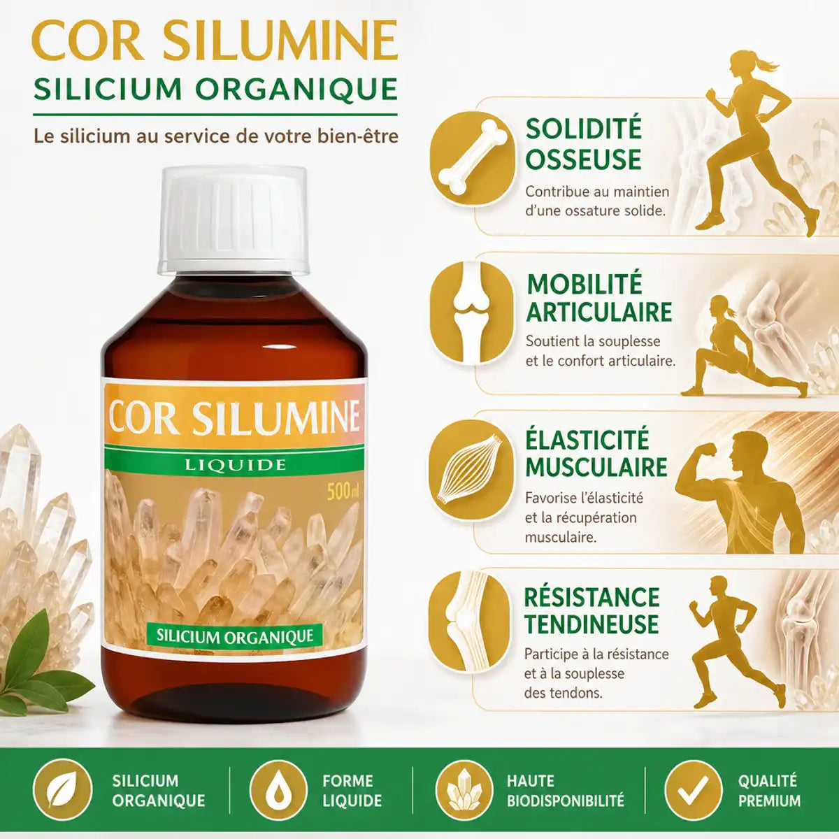 COR SILUMINE 500ml - Flacon avec infographie des bénéfices pour os, tendons et muscles