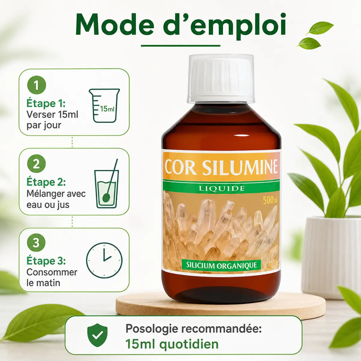 COR SILUMINE 500ml flacon avec mode d'emploi : 15ml quotidien pour os, tendons et muscles