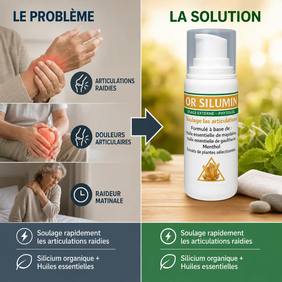 Cor Silumine Gel rhumatismes - Comparaison problème solution avec gel articulations et silicium organique