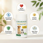 Coraboost flacon santé cardiaque chien chat avec icônes circulation vitalité protection vasculaire bien-être
