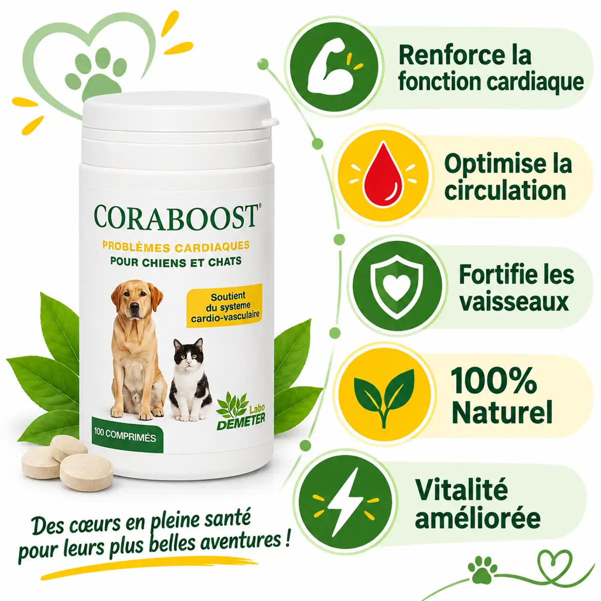 Coraboost complément cardiaque chien chat - bouteille 100 comprimés naturels avec bénéfices santé