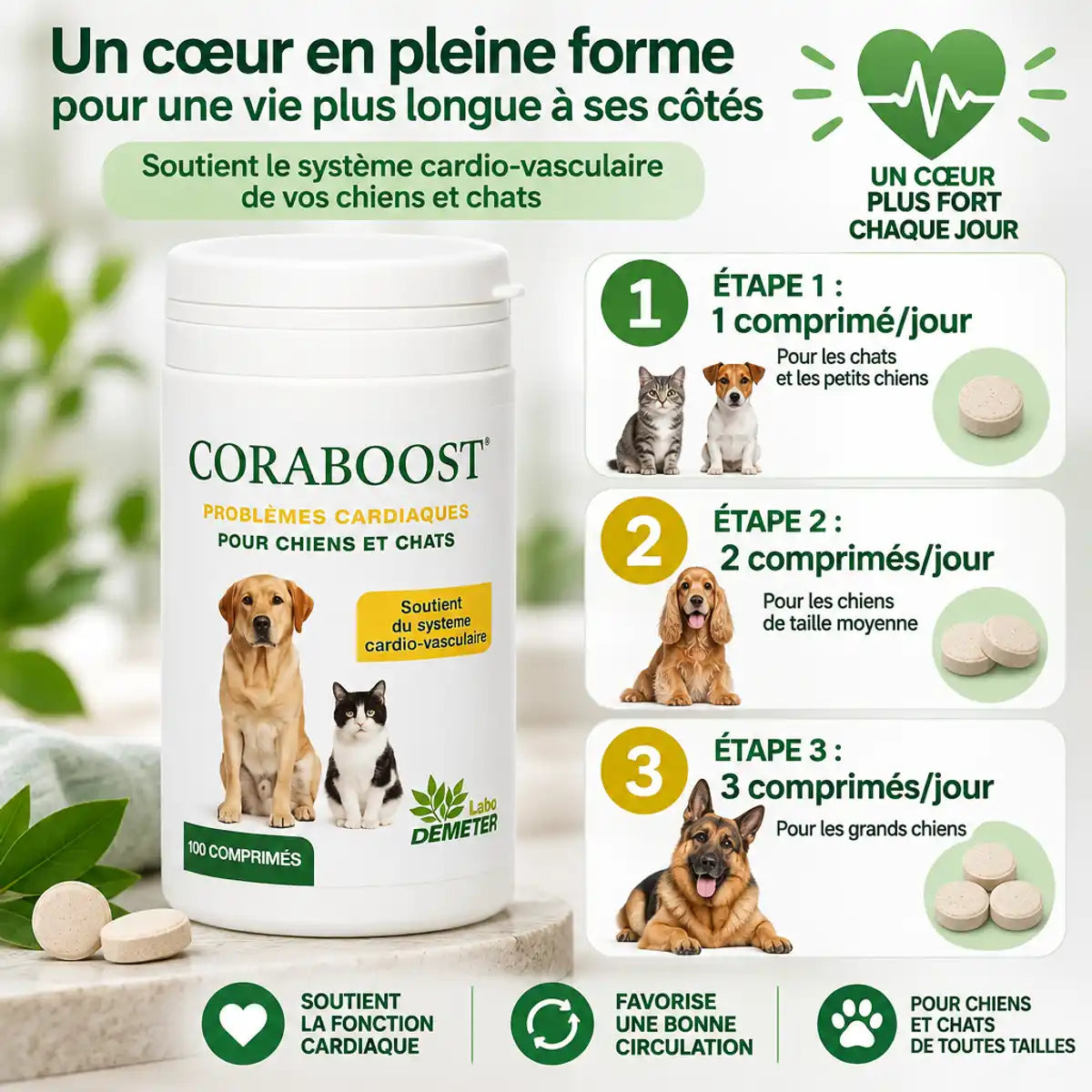 Coraboost supplément cardiaque chien chat - posologie comprimés étapes dosage vétérinaire