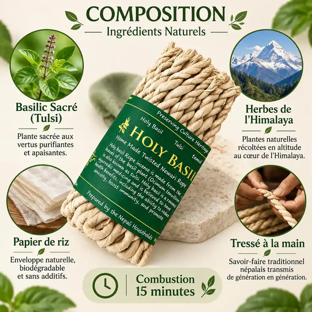 Cordes encens Basilic Sacré Tulsi tressées main, herbes Himalaya pures, composition naturelle artisanale