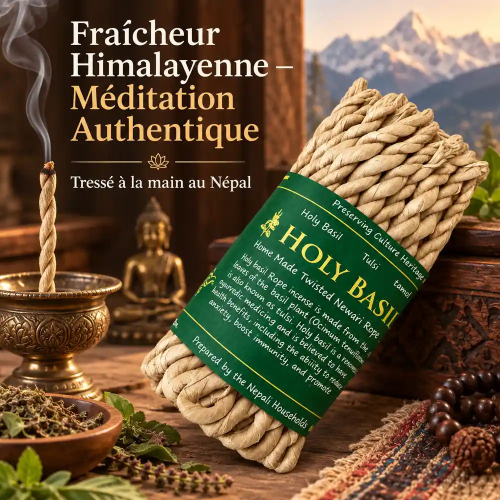 Cordes d'encens basilic sacré tressées à la main, espace méditation himalayenne avec encensoir et herbes séchées