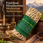 Cordes d'encens basilic sacré tressées à la main, espace méditation himalayenne avec encensoir et herbes séchées