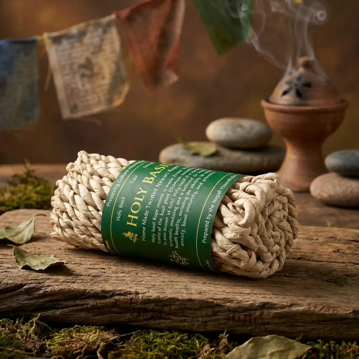 Cordes d'encens basilic sacré népalais pur, packaging vert et or sur fond naturel