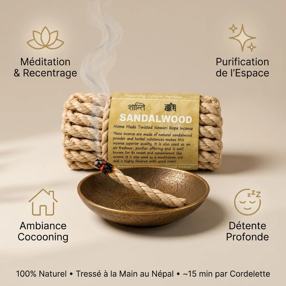 Cordes d'encens Bois de Santal népalais tressées à la main avec bol de méditation en laiton, bénéfices bien-être illustrés.