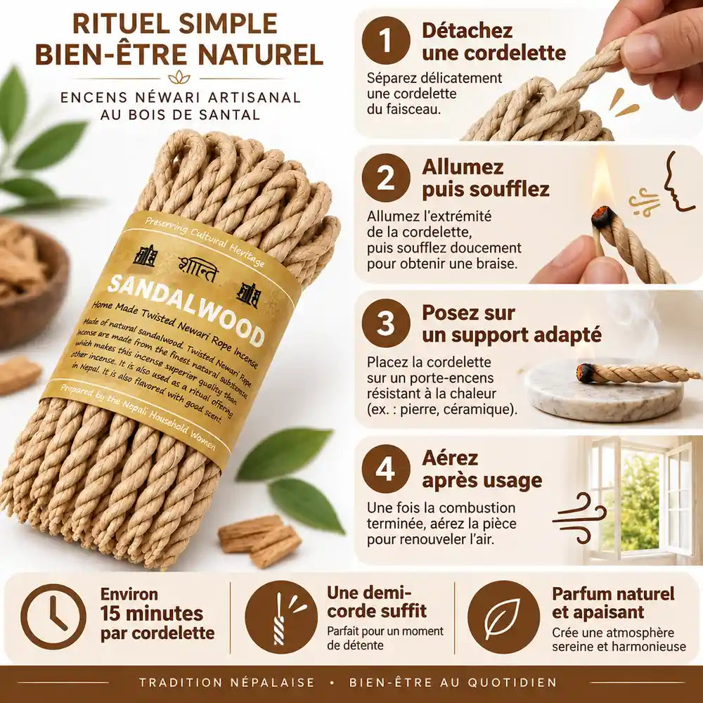 Cordes d'encens Bois de Santal avec guide d'utilisation en 4 étapes et instructions d'allumage
