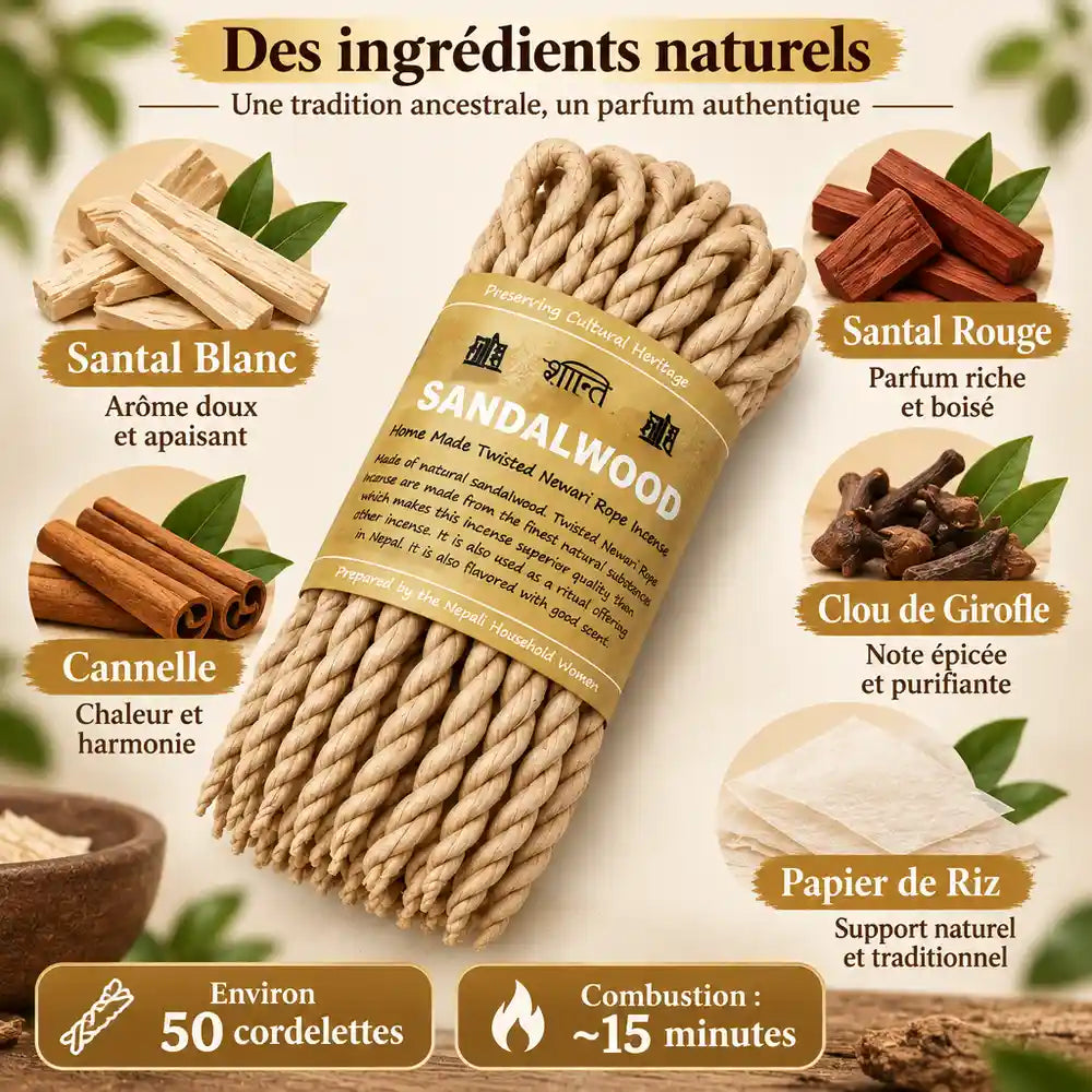 Cordes d'encens Santal & Épices avec ingrédients purs - Bois de Santal, Cannelle, Clou de Girofle