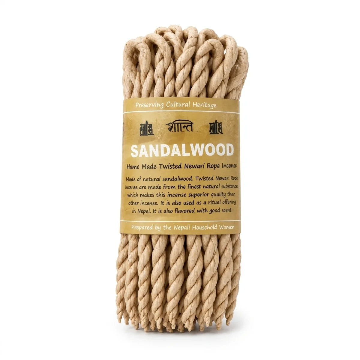 Cordes d'encens Bois de Santal torsadé beige avec étiquette dorée, encens naturel népalais herbes pures