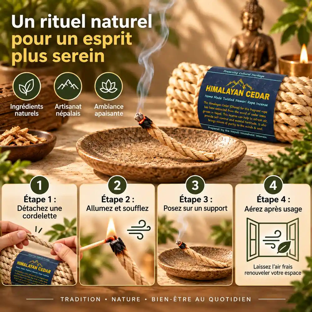 Cordes encens Cèdre Himalaya guide utilisation 4 étapes, support tressé, fumée, plantes