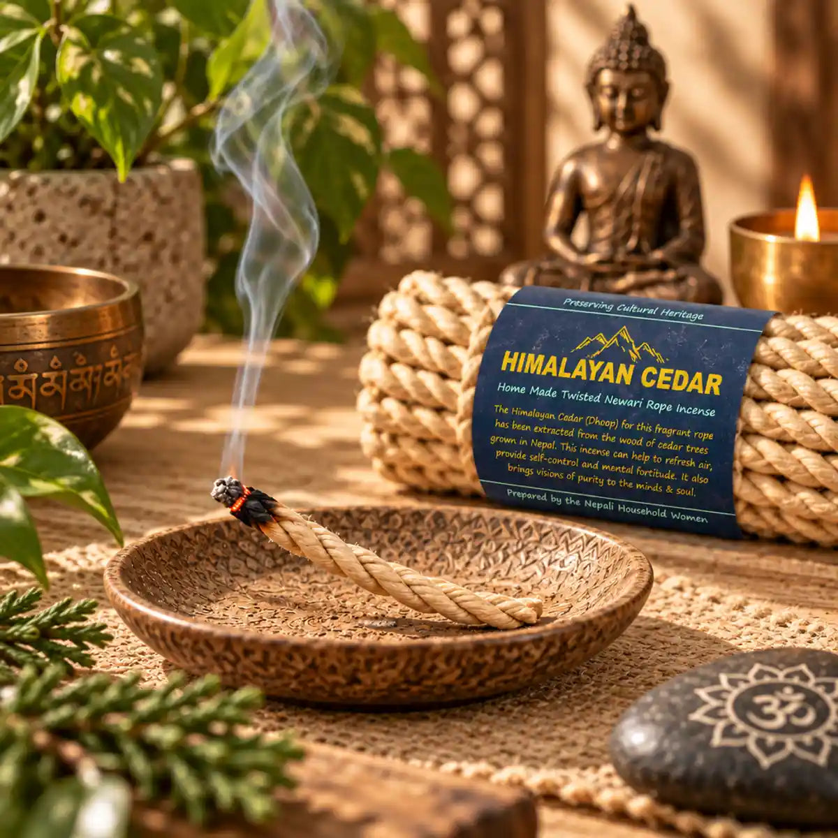 Cordes d'encens cèdre himalaya brûlant dans un plat en argile avec fumée aromatique