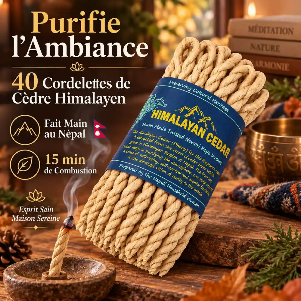 Cordes d'encens cèdre himalayan faites main au Népal, avec fumée et étiquette bleue sur bois naturel
