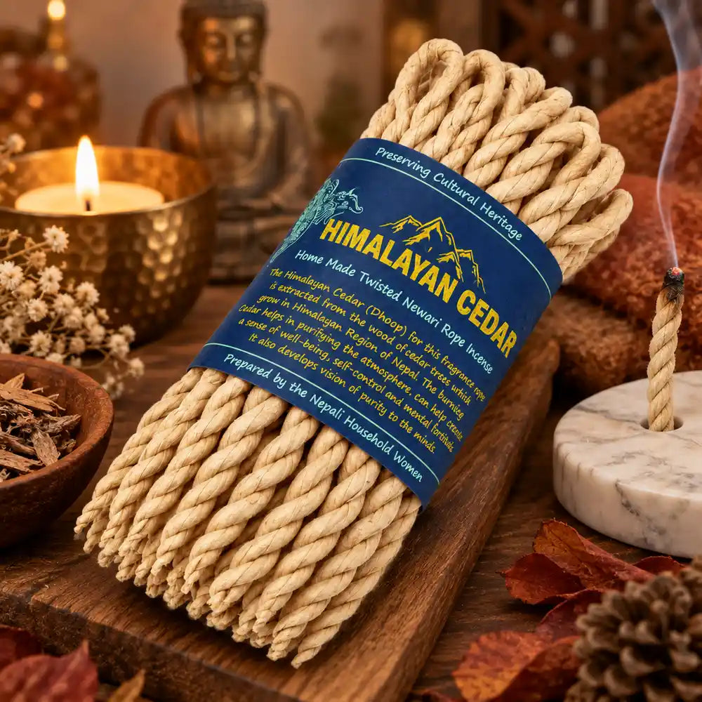 Cordes d'encens aux herbes cèdre himalaya dans décor méditation avec chandelle et porte-encens marbre