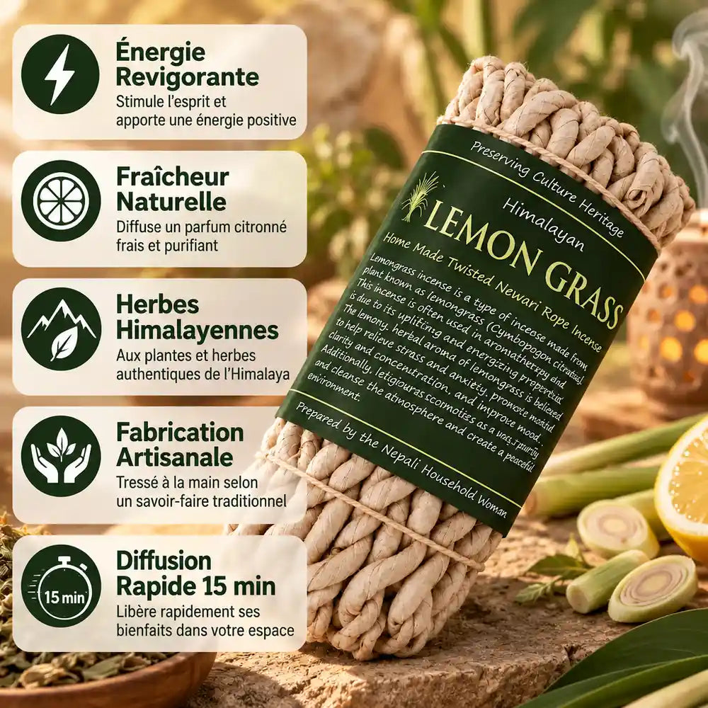 Corde d'encens Citronnelle Nepali avec infographie des bénéfices - herbes pures himalayennes