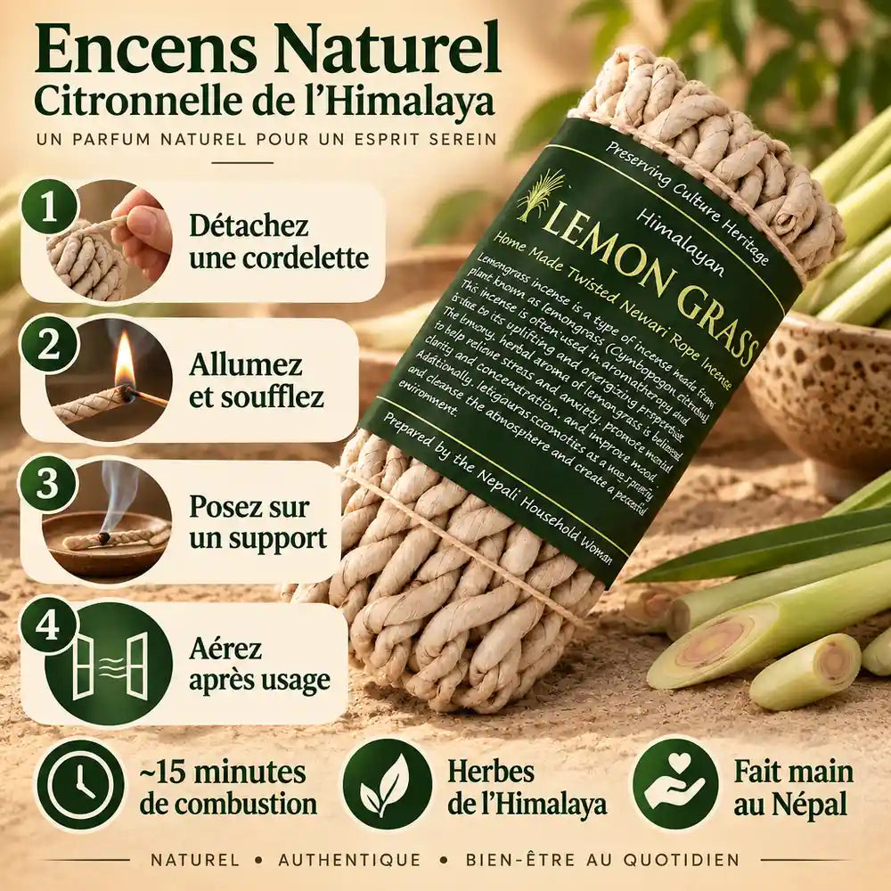 Cordes d'encens Citronnelle Nepali Household Woman, guide d'utilisation avec étapes et herbes himalayennes